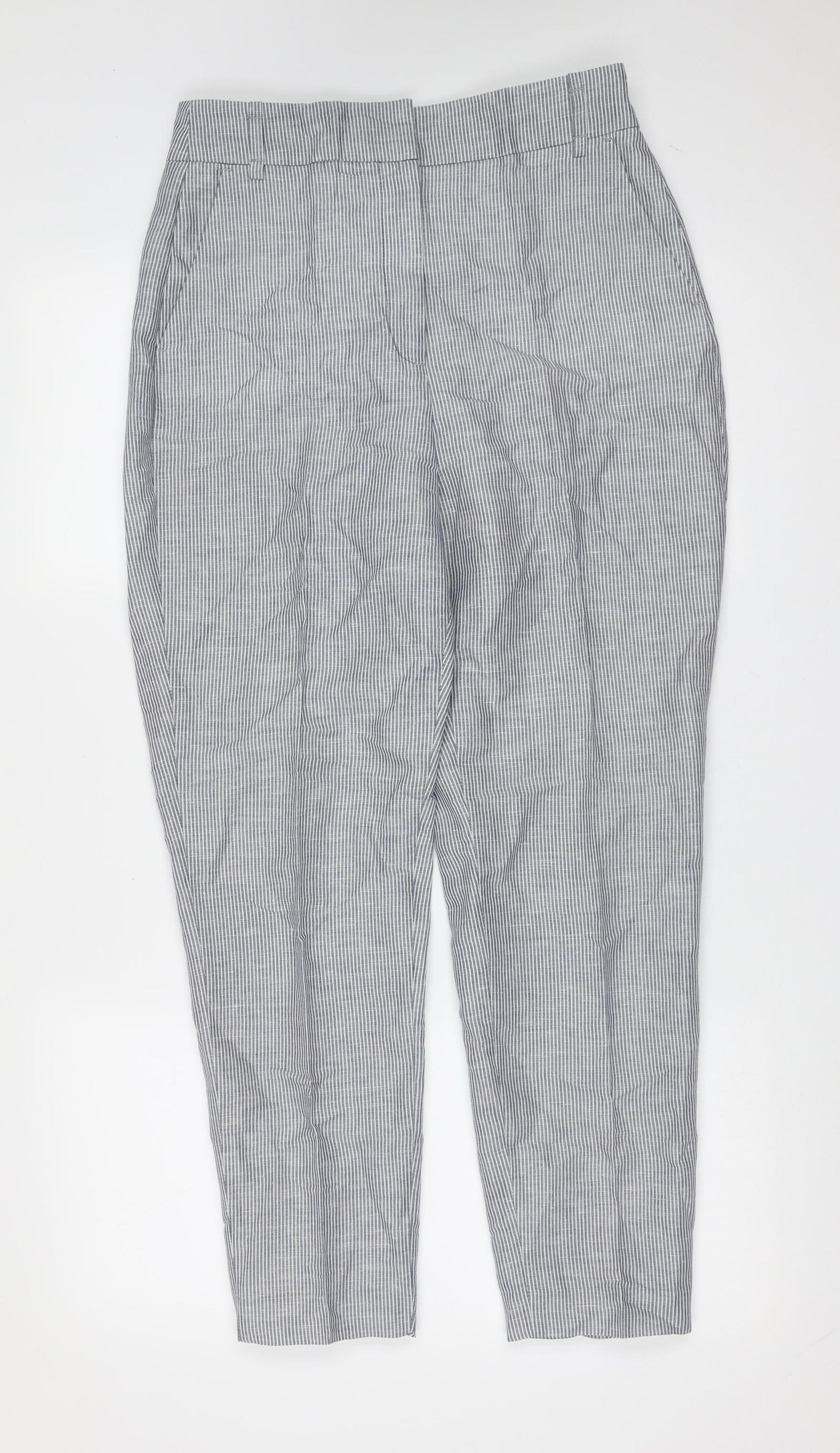 ZARA BASIC Womens Blue Striped Linen Trousers  Size M L27 in Regular Zip