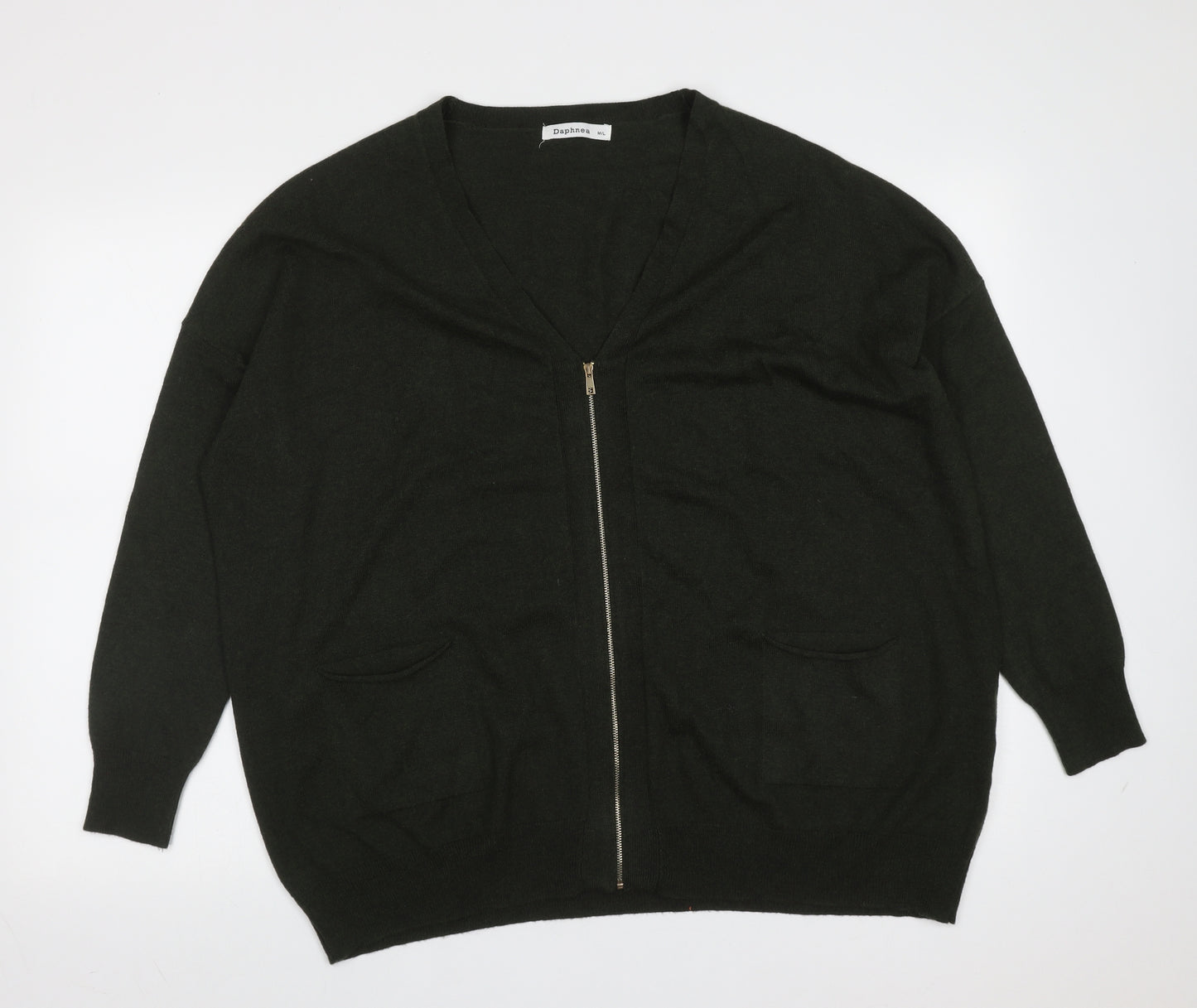 Daphnea Womens Green V-Neck  Wool Full Zip Jumper Size M