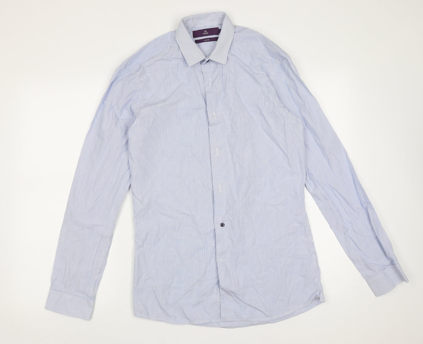 NEXT Mens Blue Striped Cotton Blend  Button-Up Size 15 Collared Button