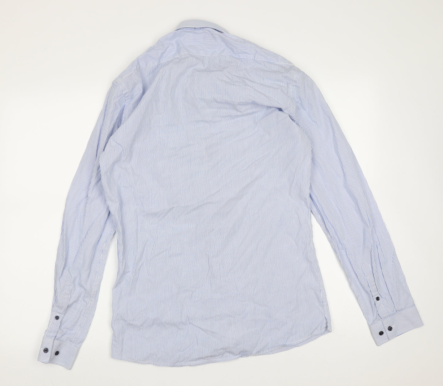 NEXT Mens Blue Striped Cotton Blend  Button-Up Size 15 Collared Button