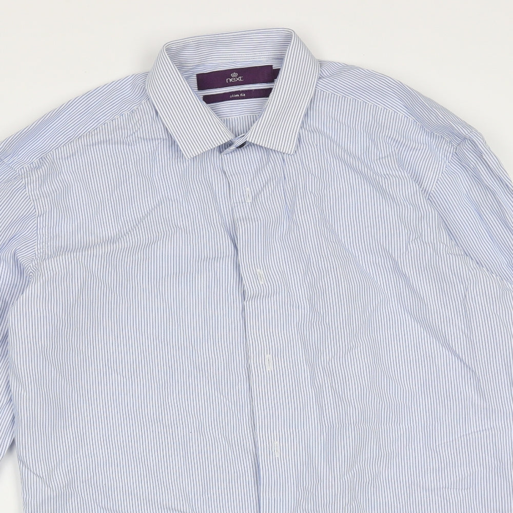 NEXT Mens Blue Striped Cotton Blend  Button-Up Size 15 Collared Button