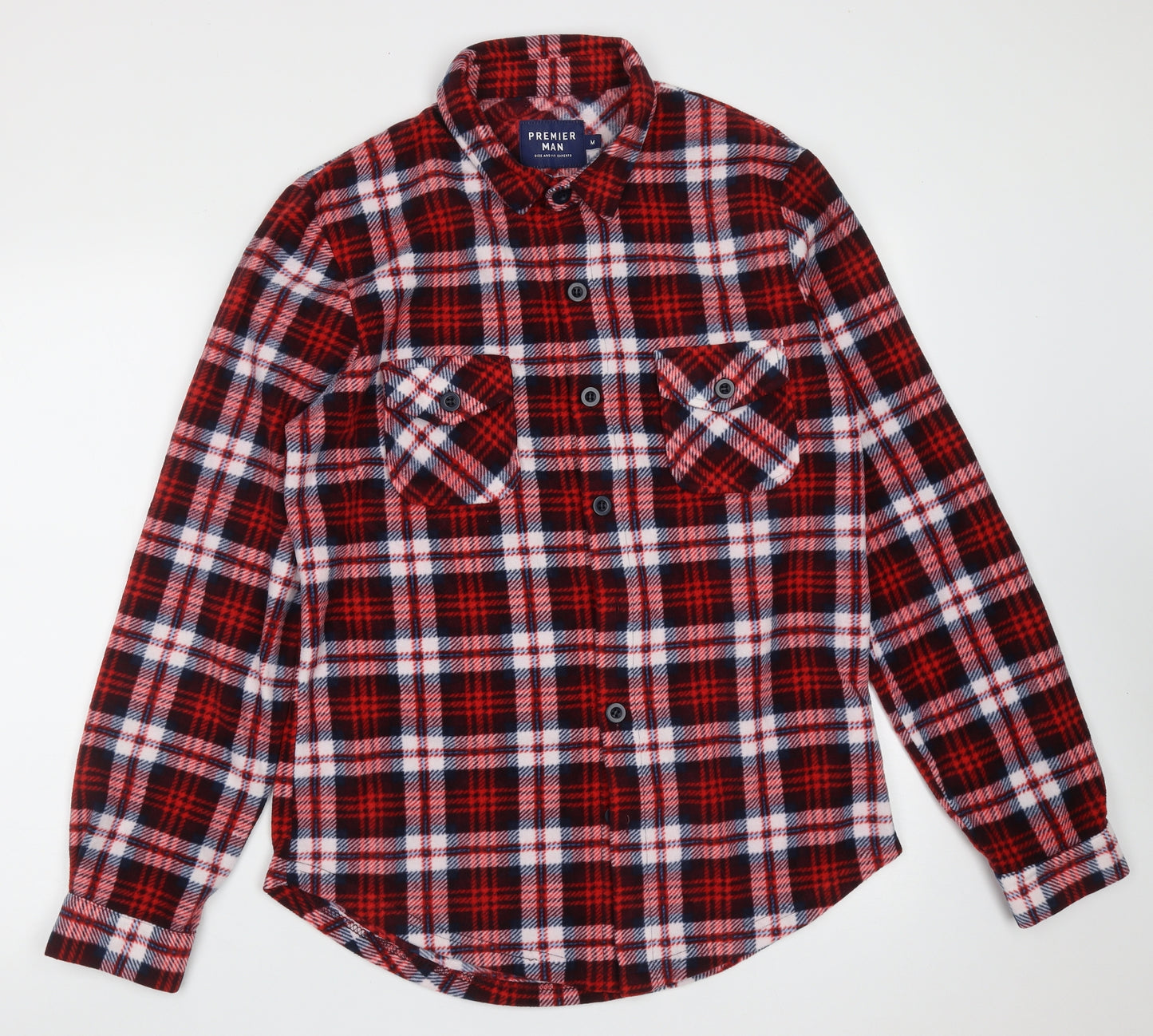 PREMIER MAN Mens Red Plaid Polyester  Button-Up Size M Collared Button