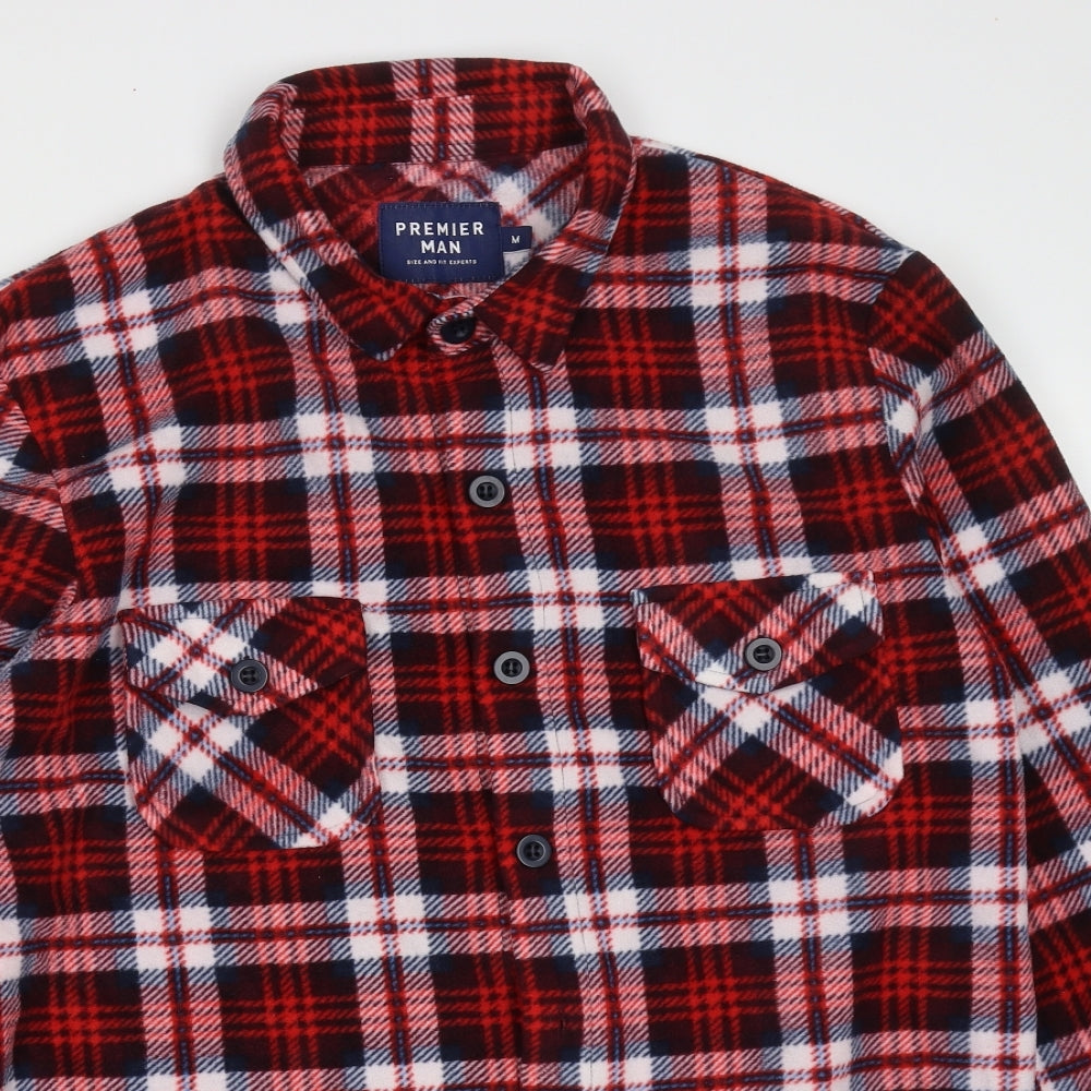 PREMIER MAN Mens Red Plaid Polyester  Button-Up Size M Collared Button