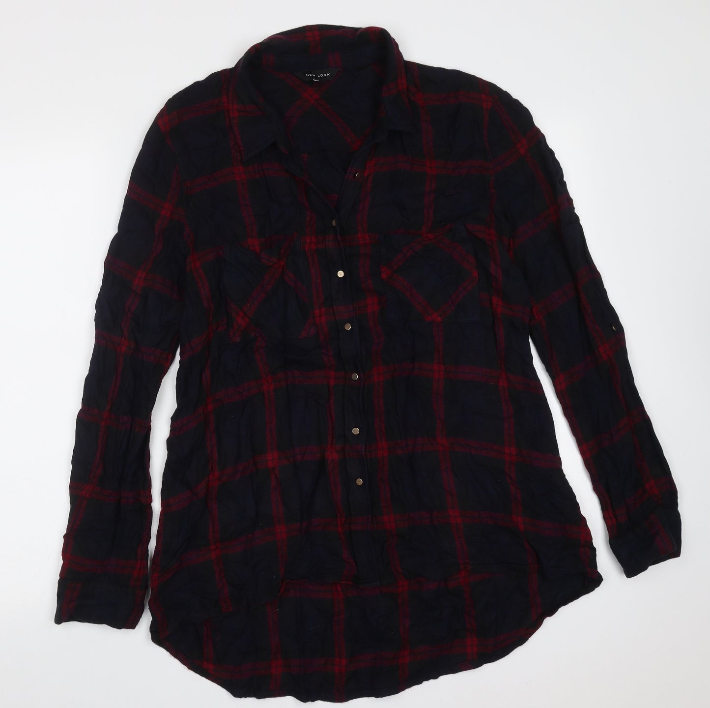 New Look Womens Blue Plaid Viscose Basic Button-Up Size 14 Collared