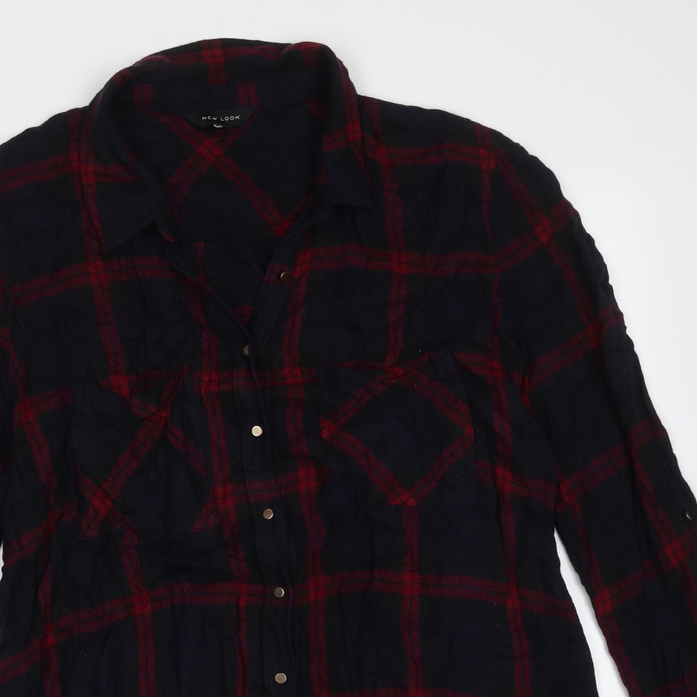 New Look Womens Blue Plaid Viscose Basic Button-Up Size 14 Collared