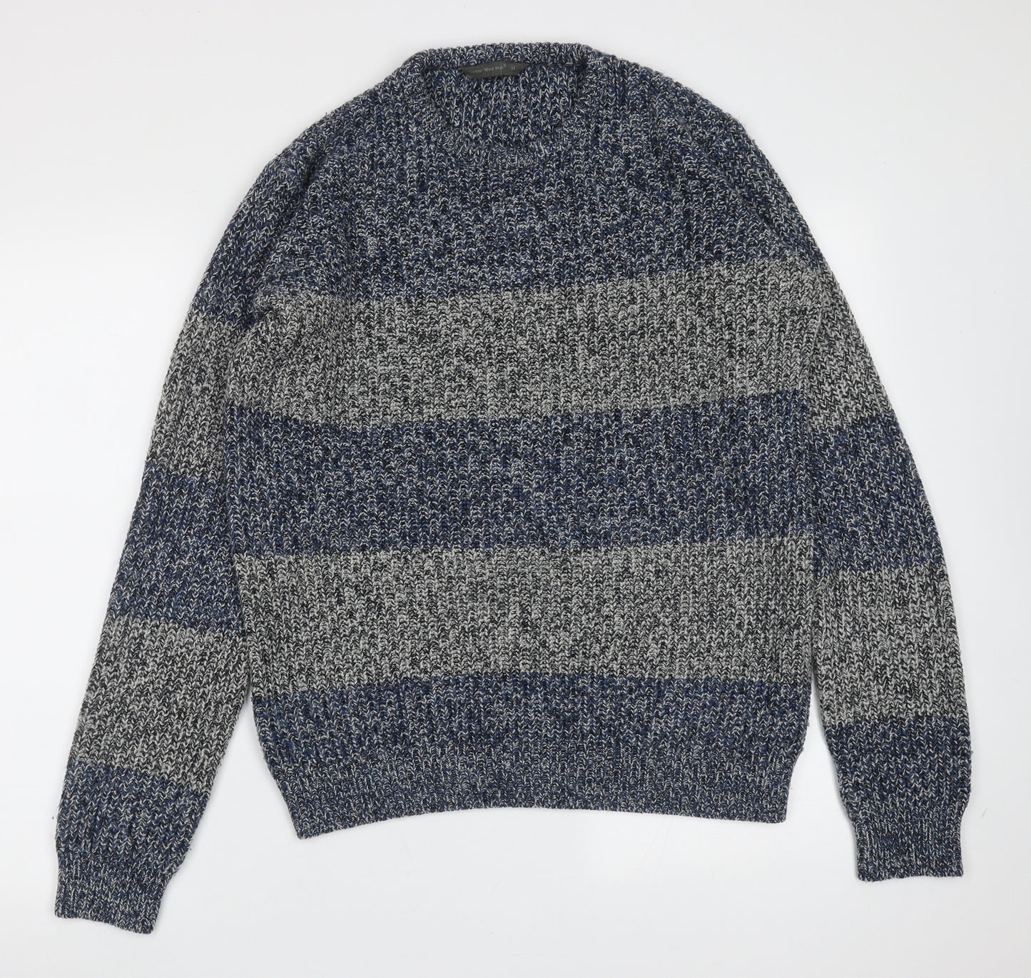 Cedar Wood State Mens Blue Round Neck Striped Acrylic Pullover Jumper Size M