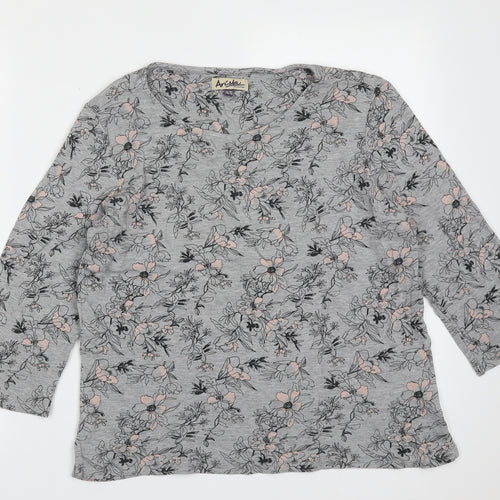 arista Womens Grey Floral Cotton Basic T-Shirt Size 14 Round Neck
