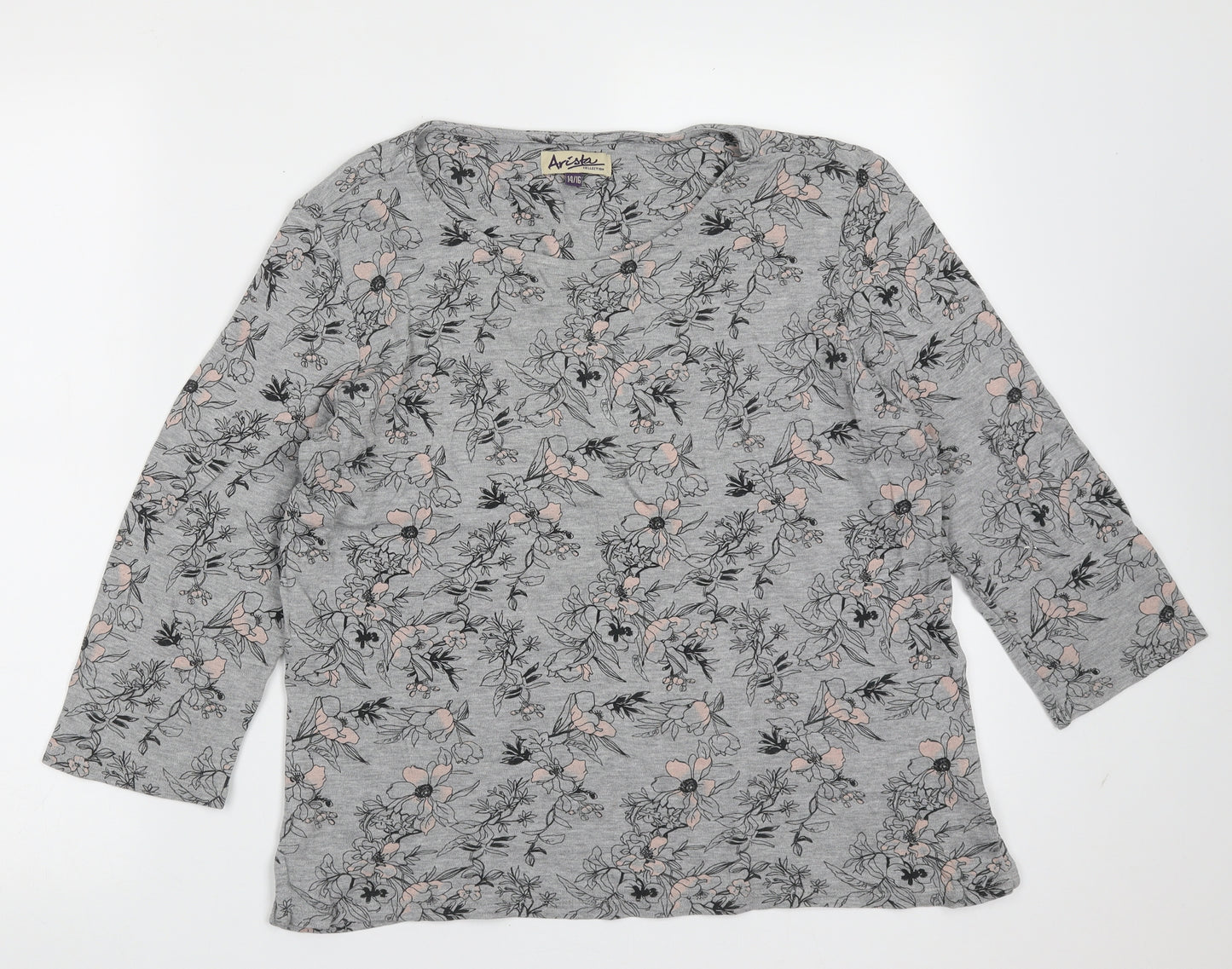 arista Womens Grey Floral Cotton Basic T-Shirt Size 14 Round Neck