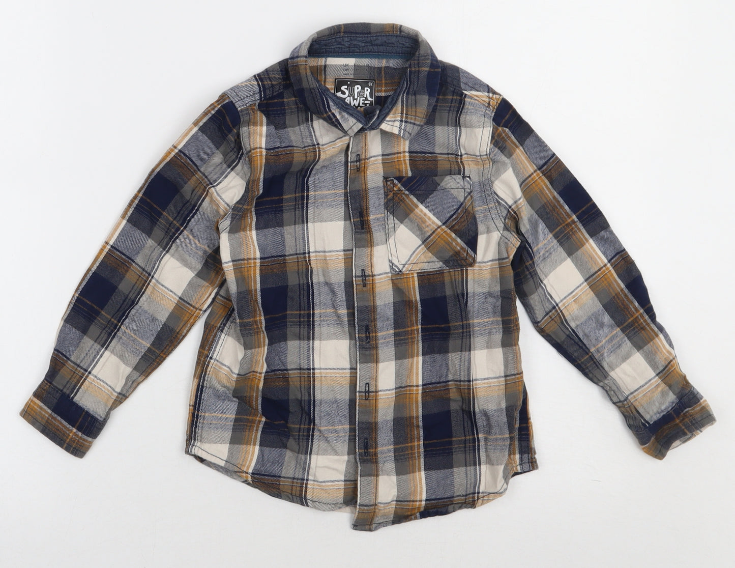 F&F Boys Blue Check Cotton Basic Button-Up Size 5-6 Years Collared Button