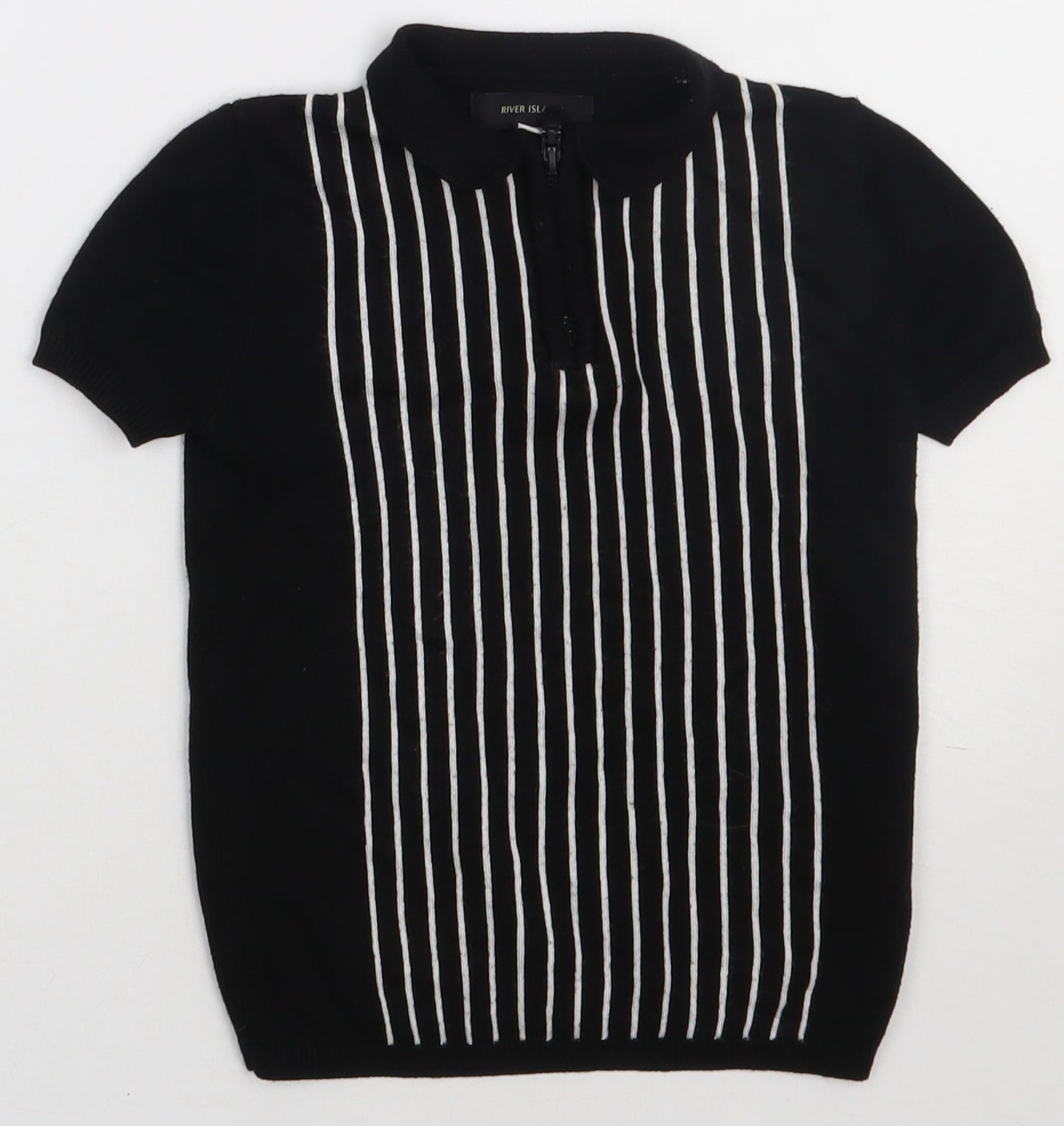 River Island Boys Black Striped Viscose Basic Polo Size 3-4 Years Collared Zip