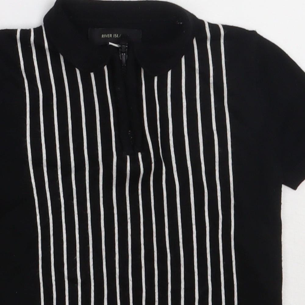 River Island Boys Black Striped Viscose Basic Polo Size 3-4 Years Collared Zip