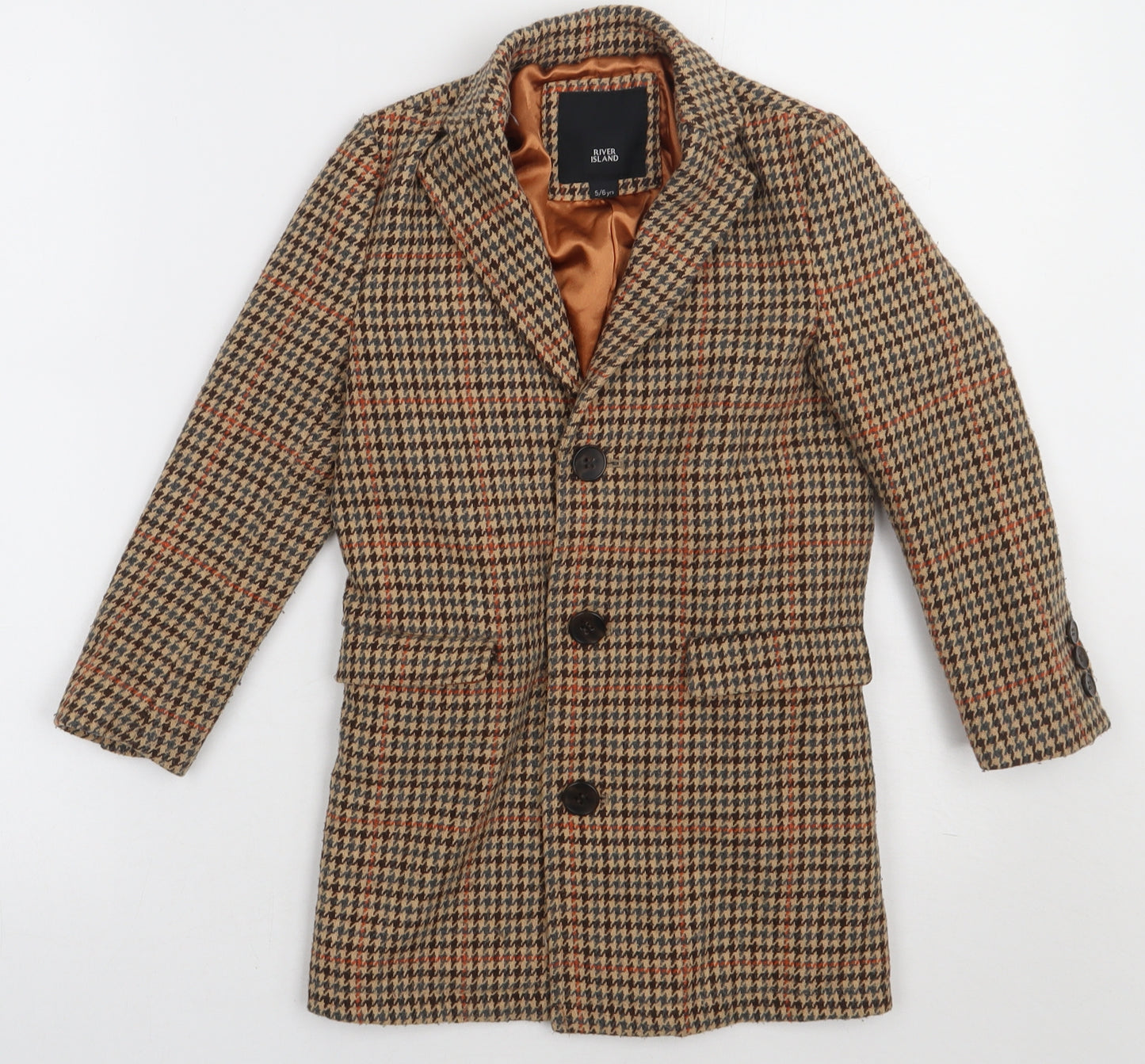 River Island Girls Brown Check  Overcoat Coat Size 5-6 Years  Button