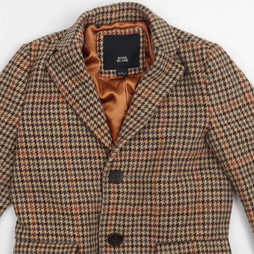 River Island Girls Brown Check  Overcoat Coat Size 5-6 Years  Button