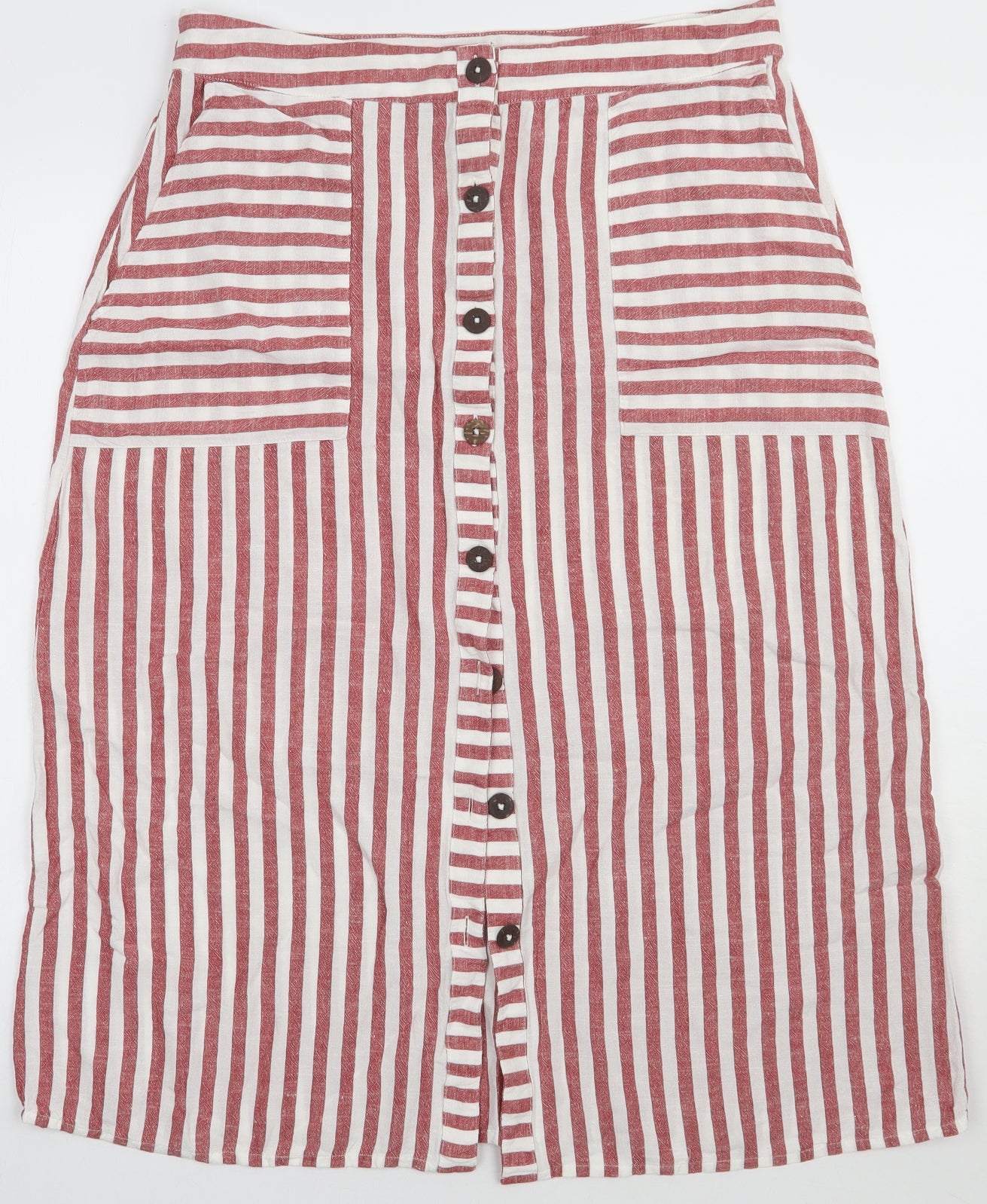 Peacocks Womens Red Striped Linen A-Line Skirt Size 14   Button