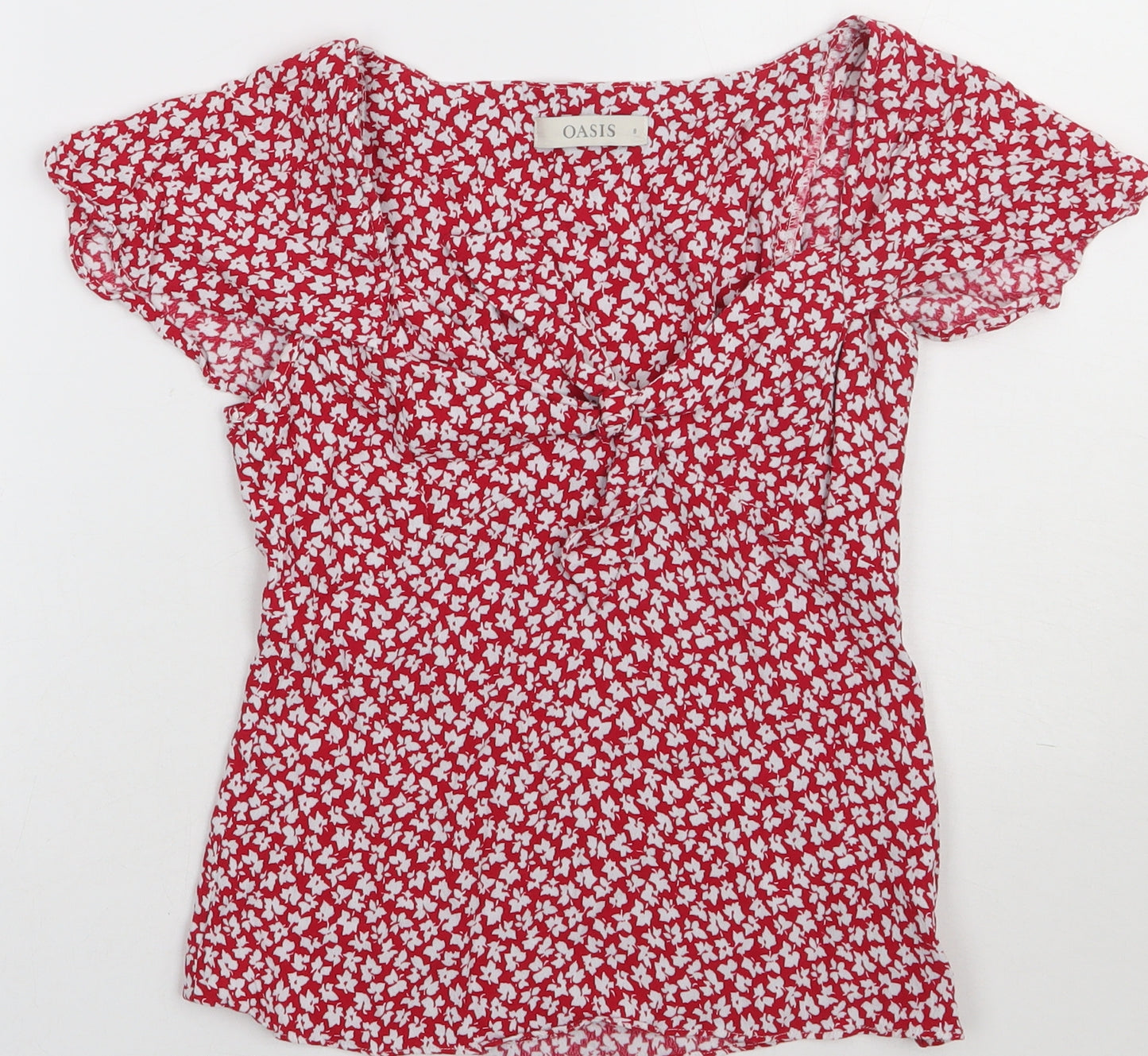 Oasis Womens Red Floral Viscose Basic T-Shirt Size 8 V-Neck