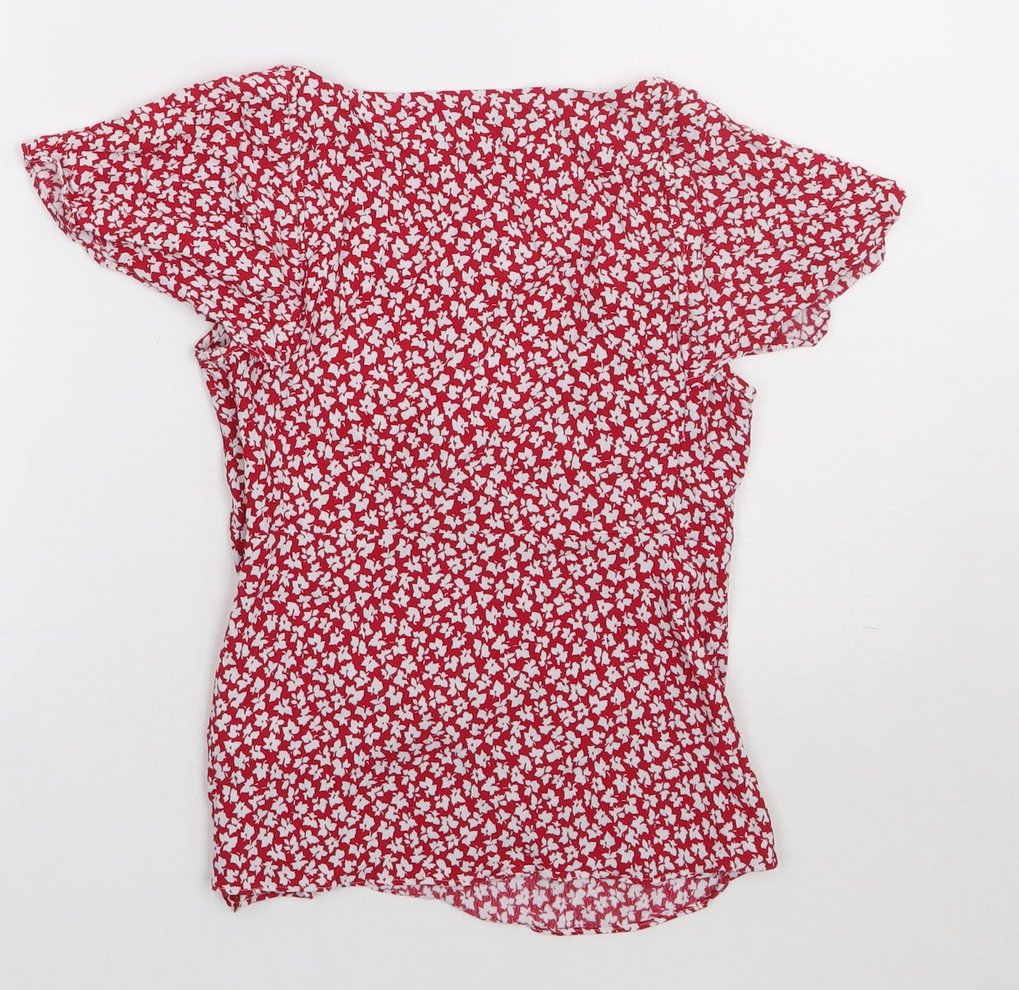 Oasis Womens Red Floral Viscose Basic T-Shirt Size 8 V-Neck