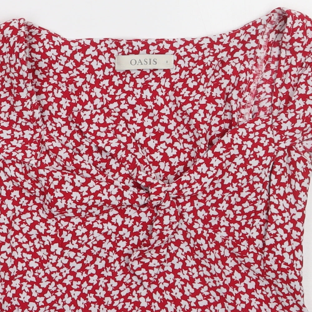 Oasis Womens Red Floral Viscose Basic T-Shirt Size 8 V-Neck