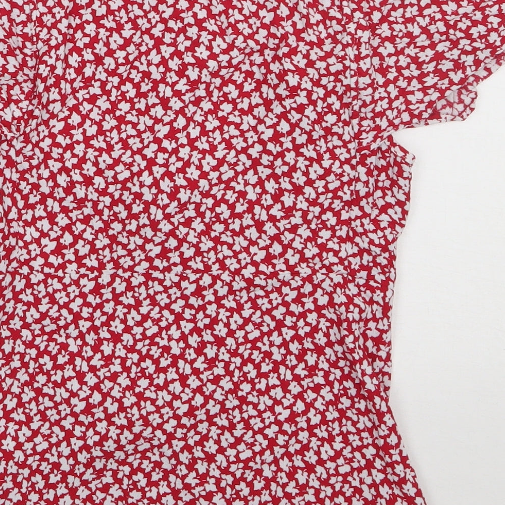 Oasis Womens Red Floral Viscose Basic T-Shirt Size 8 V-Neck