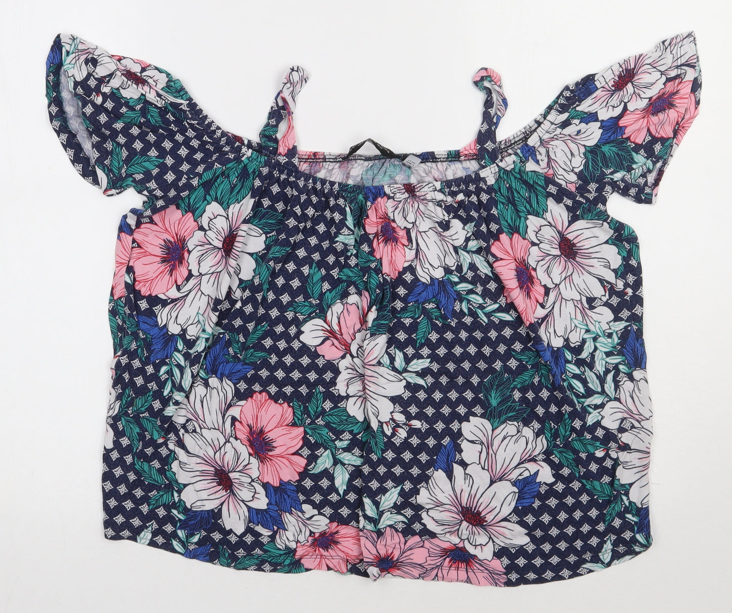 Dorothy Perkins Womens Blue Floral Viscose Basic T-Shirt Size 12 Scoop Neck - cold Shoulder