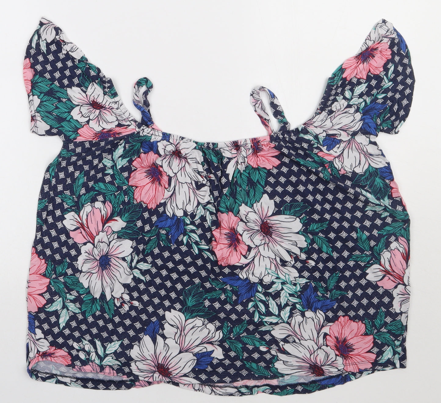 Dorothy Perkins Womens Blue Floral Viscose Basic T-Shirt Size 12 Scoop Neck - cold Shoulder