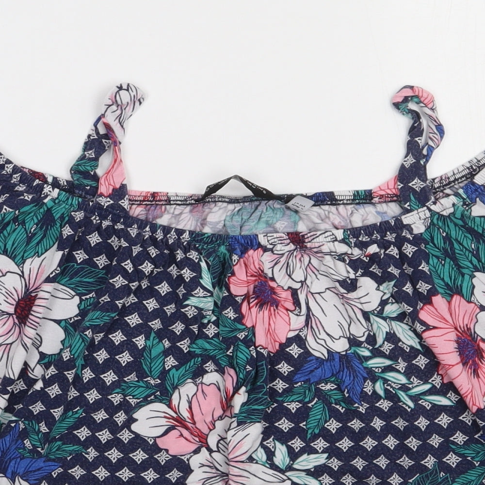 Dorothy Perkins Womens Blue Floral Viscose Basic T-Shirt Size 12 Scoop Neck - cold Shoulder