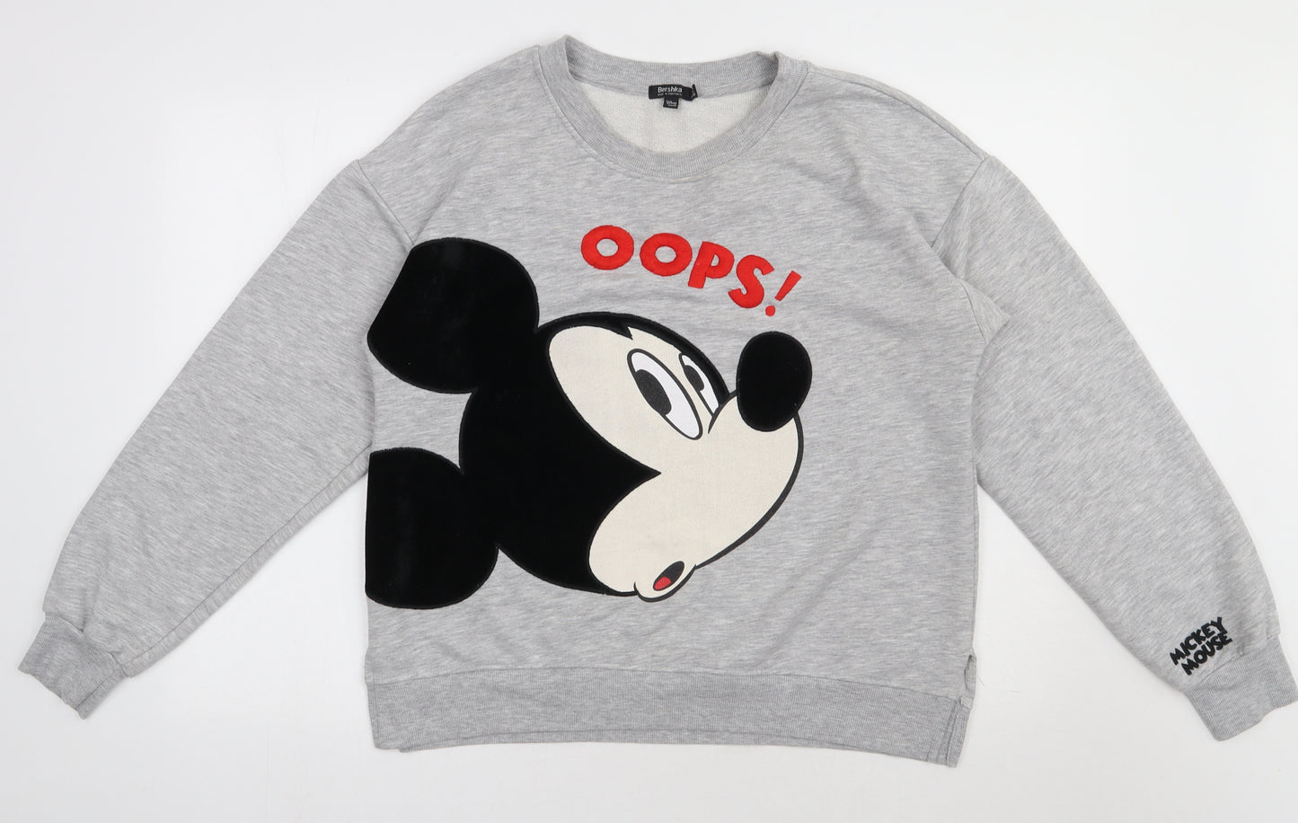 Bershka Womens Grey  Cotton Pullover Sweatshirt Size L  Pullover - Micky Mouse