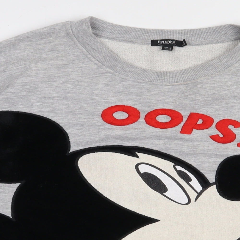 Bershka Womens Grey  Cotton Pullover Sweatshirt Size L  Pullover - Micky Mouse