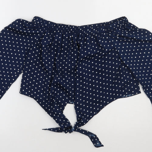 QED London Womens Blue Polka Dot Polyester Cropped Blouse Size 10 Off the Shoulder