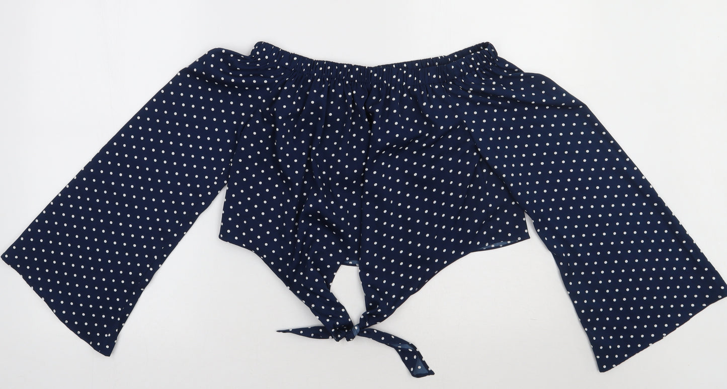 QED London Womens Blue Polka Dot Polyester Cropped Blouse Size 10 Off the Shoulder