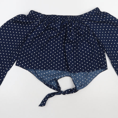 QED London Womens Blue Polka Dot Polyester Cropped Blouse Size 10 Off the Shoulder