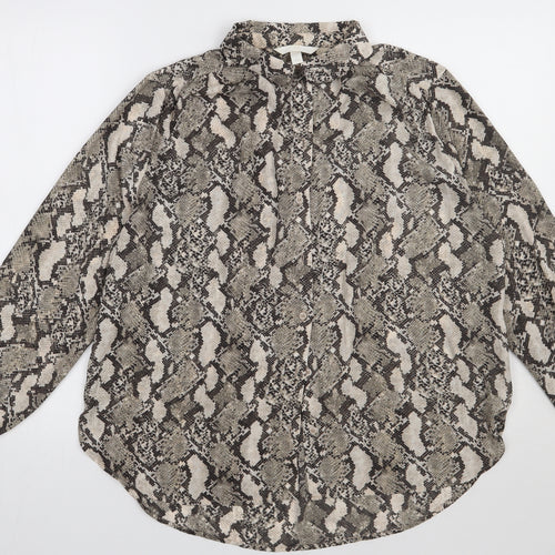 H&M Womens Brown Animal Print Polyester Basic Button-Up Size 14 Collared