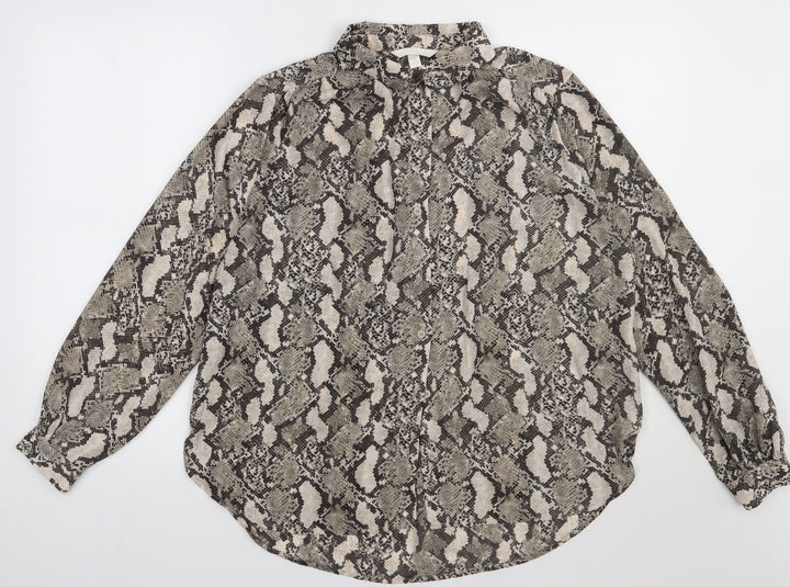 H&M Womens Brown Animal Print Polyester Basic Button-Up Size 14 Collared