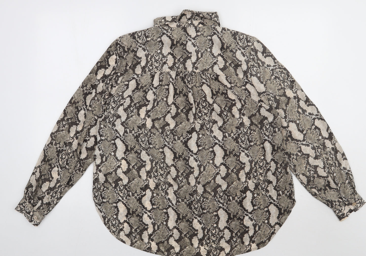 H&M Womens Brown Animal Print Polyester Basic Button-Up Size 14 Collared