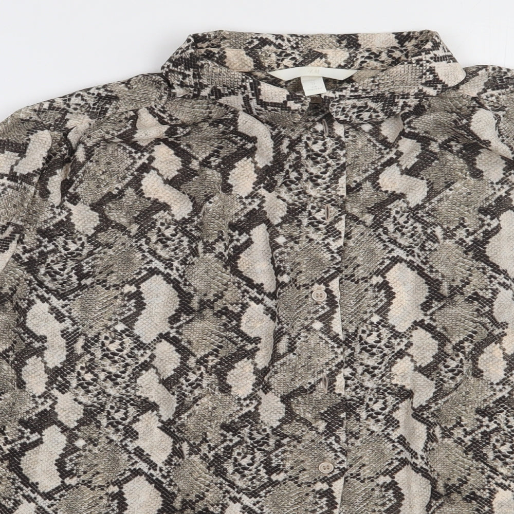 H&M Womens Brown Animal Print Polyester Basic Button-Up Size 14 Collared