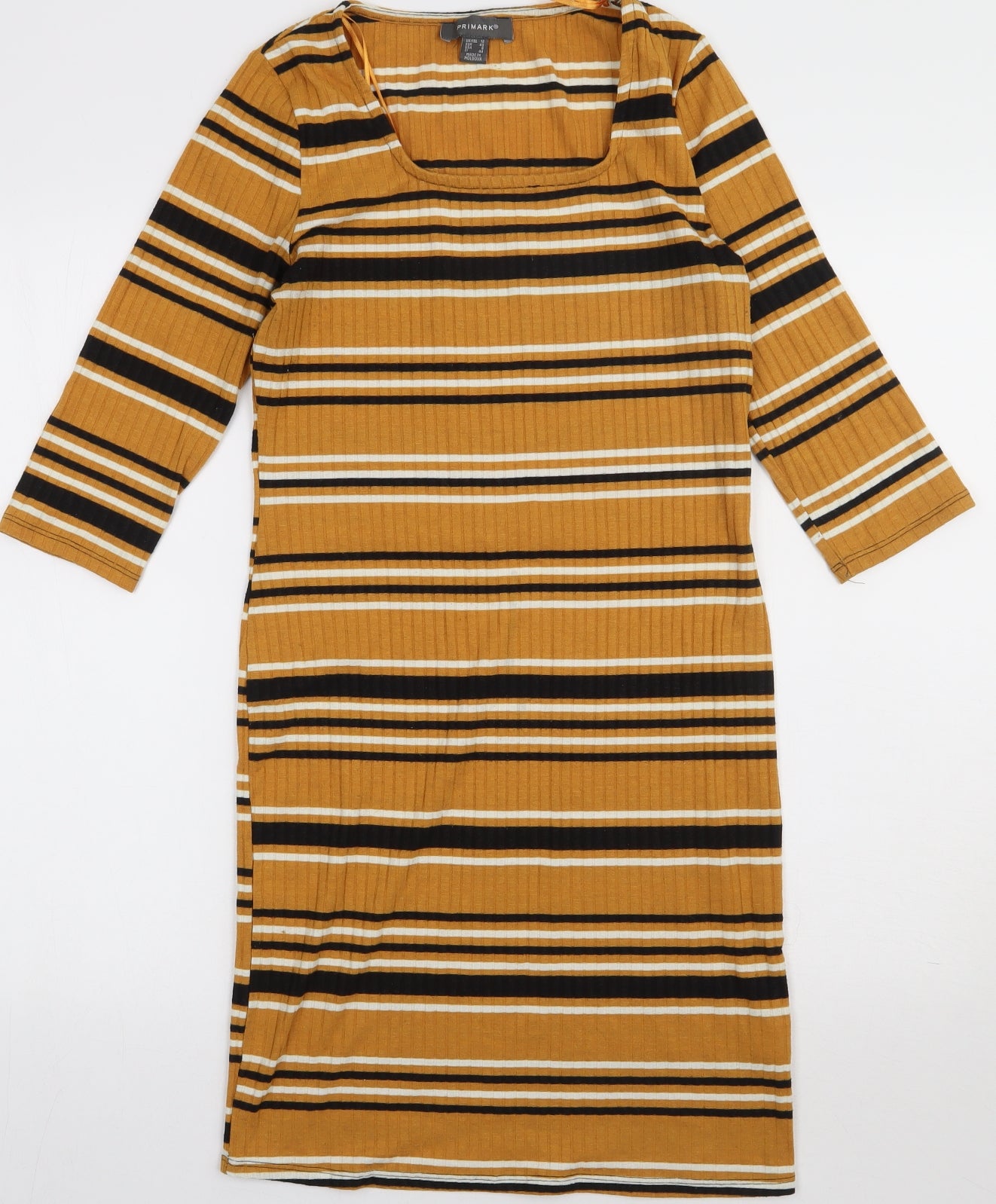 Primark Womens Yellow Striped Polyester Bodycon  Size 12  Square Neck Pullover
