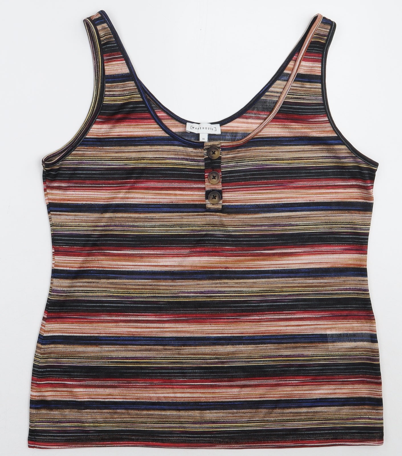 Warehouse Womens Multicoloured Striped Polyester Basic Tank Size 14 Scoop Neck
