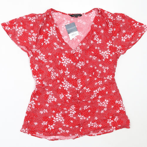 Peacocks Womens Red Floral Viscose Basic Blouse Size 8 V-Neck