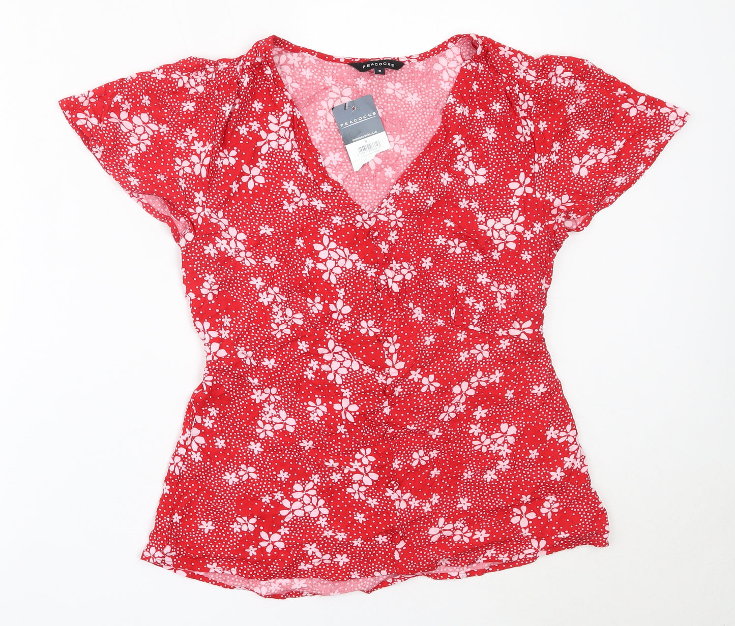 Peacocks Womens Red Floral Viscose Basic Blouse Size 8 V-Neck
