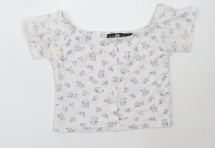 Daisy Street Girls White Floral Polyester Basic T-Shirt Size 8 Years Off the Shoulder