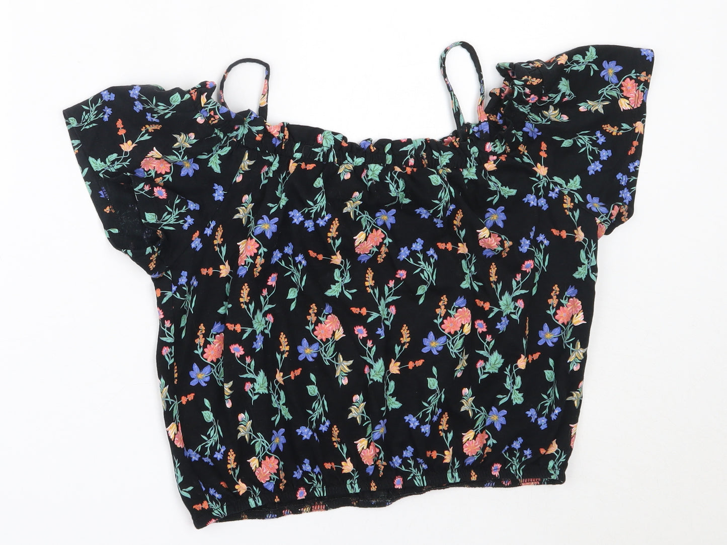 NEXT Girls Black Floral Cotton Basic Blouse Size 12 Years Off the Shoulder