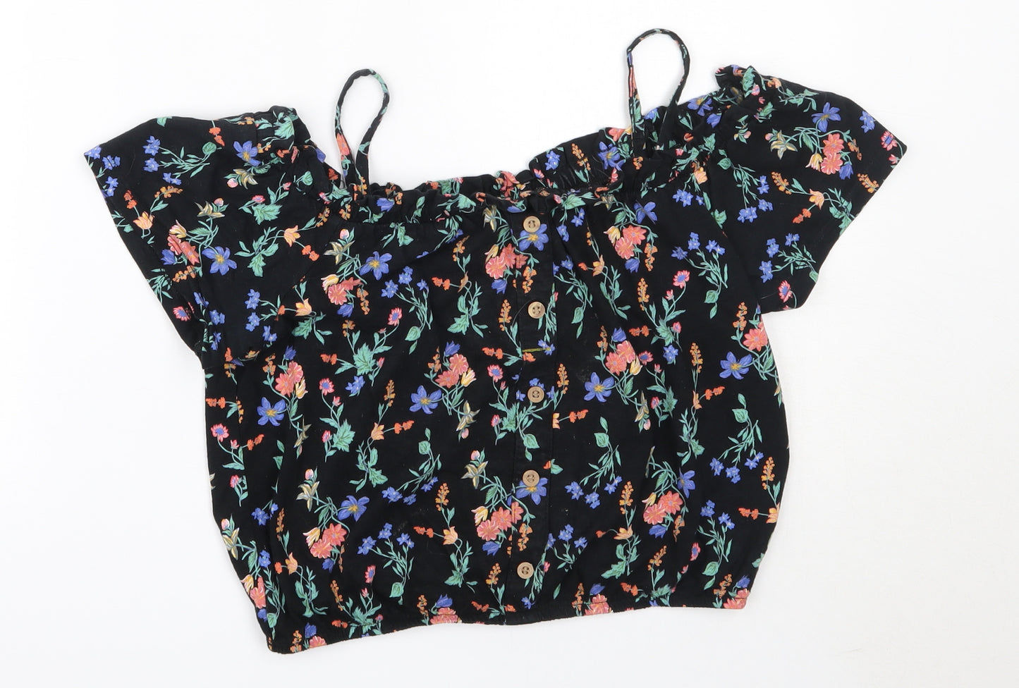 NEXT Girls Black Floral Cotton Basic Blouse Size 12 Years Off the Shoulder