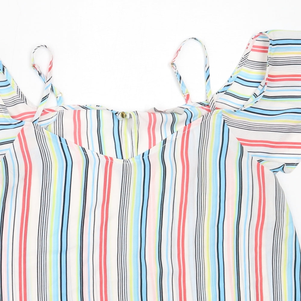 Peacocks Womens White Striped Polyester Basic Blouse Size 12 V-Neck