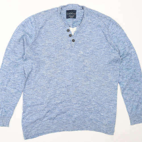 CANDA Mens Blue V-Neck  Cotton Pullover Jumper Size L