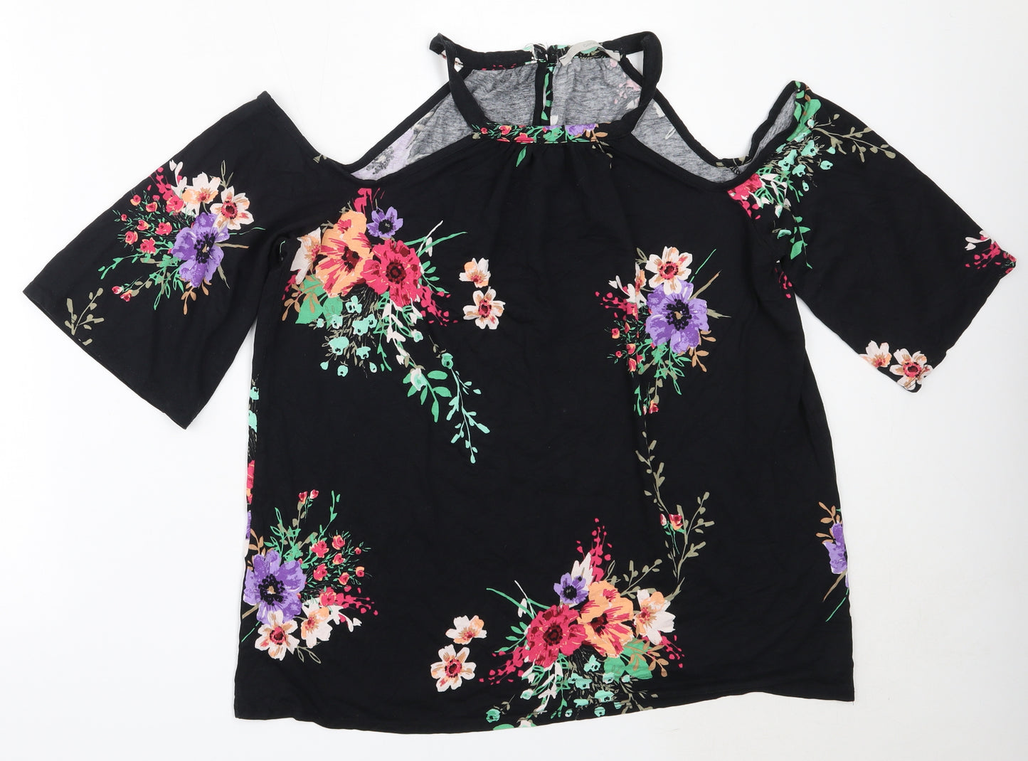 George Womens Black Floral Viscose Basic Blouse Size 16 Round Neck
