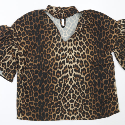 NEXT Womens Brown Animal Print Polyester Basic Blouse Size 12 V-Neck