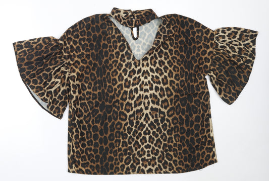 Front view of Next women’s brown animal print polyester basic blouse, size UK 12, v-neck