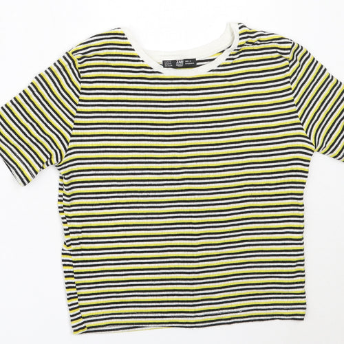 Zara Womens Yellow Striped Viscose Basic T-Shirt Size S Off the Shoulder