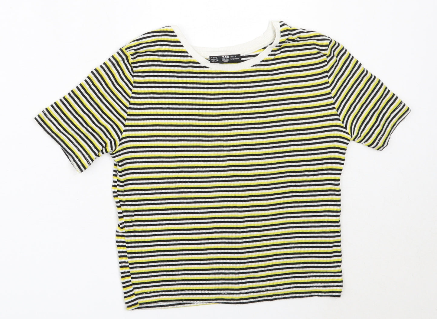 Zara Womens Yellow Striped Viscose Basic T-Shirt Size S Off the Shoulder