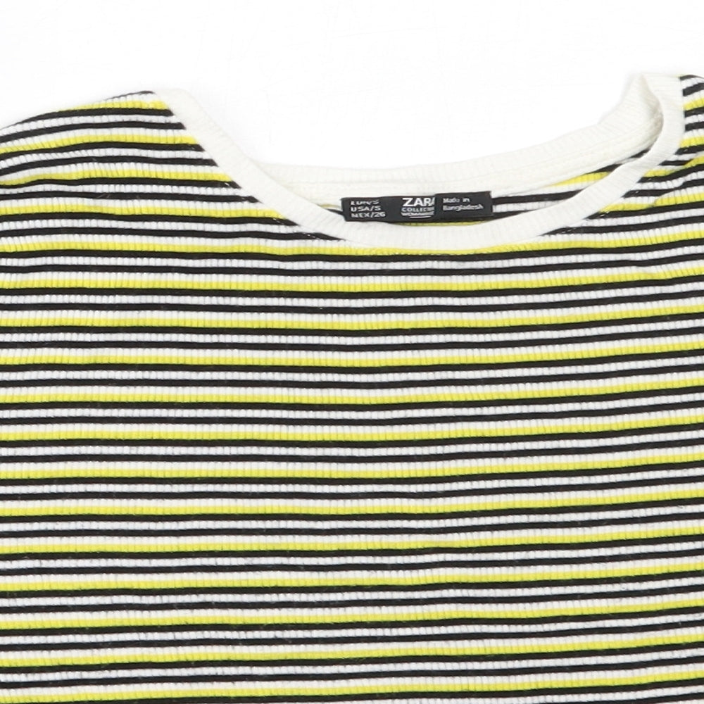 Zara Womens Yellow Striped Viscose Basic T-Shirt Size S Off the Shoulder