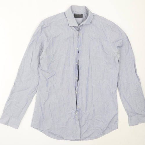 Marks and Spencer Mens Blue Striped Cotton  Button-Up Size 16 Collared